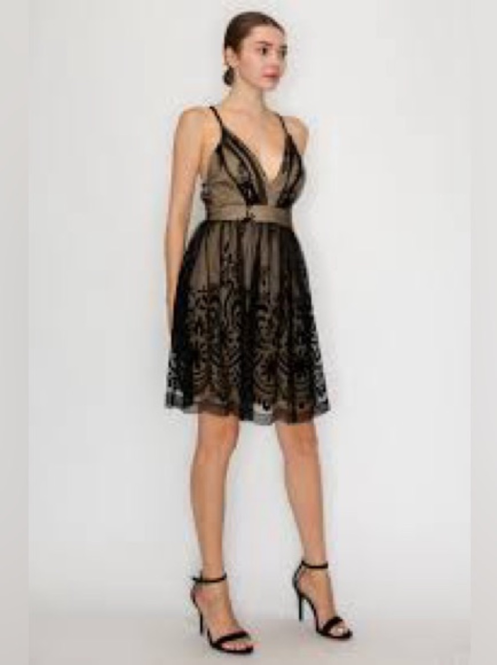 Fashion Nova Black Floral Mesh Midi Dress with Nude Lining (123)